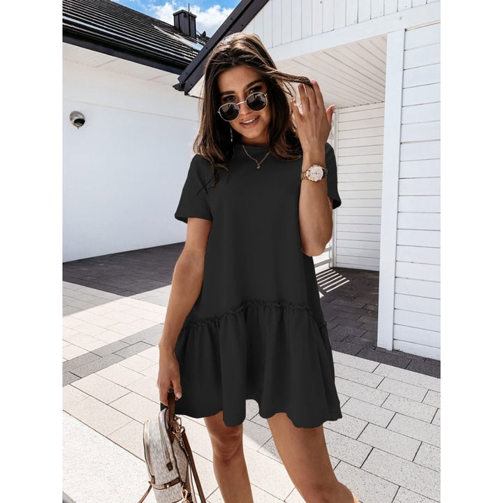 solid color short-sleeved loose round neck ruffle dress Image 8