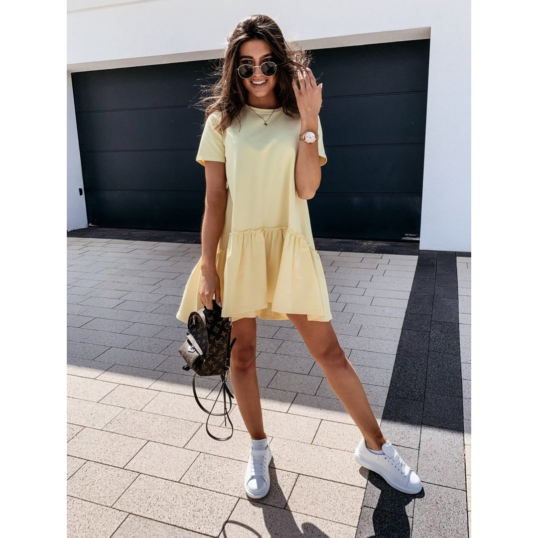 solid color short-sleeved loose round neck ruffle dress Image 11