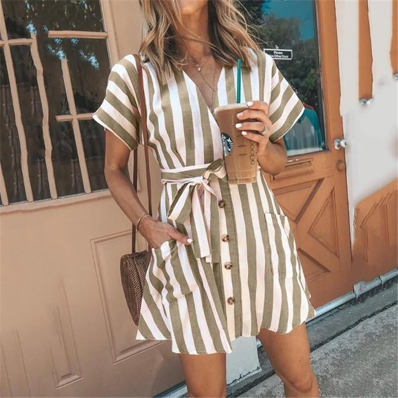 striped deep V tie dress Image 3