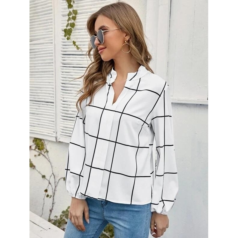 Fashion Windowpane Plaid Notched Neck Blouse Image 3