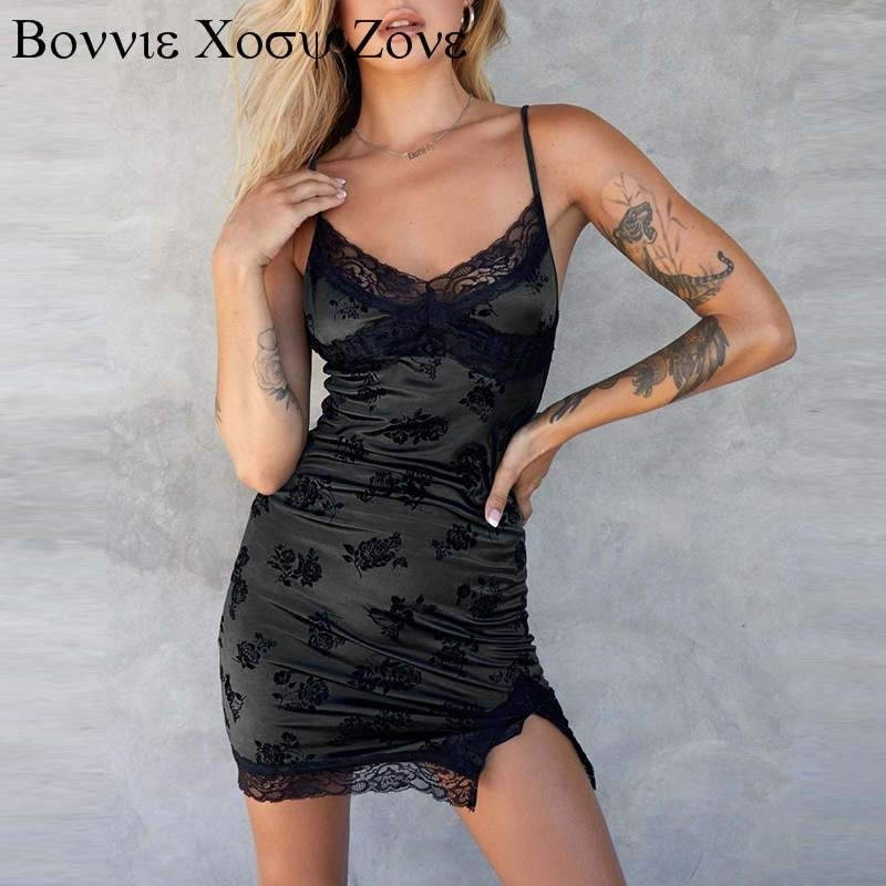 Women Sleeveless Spaghetti Strap Floral Pattern Crochet Lace Stain Dress Image 4