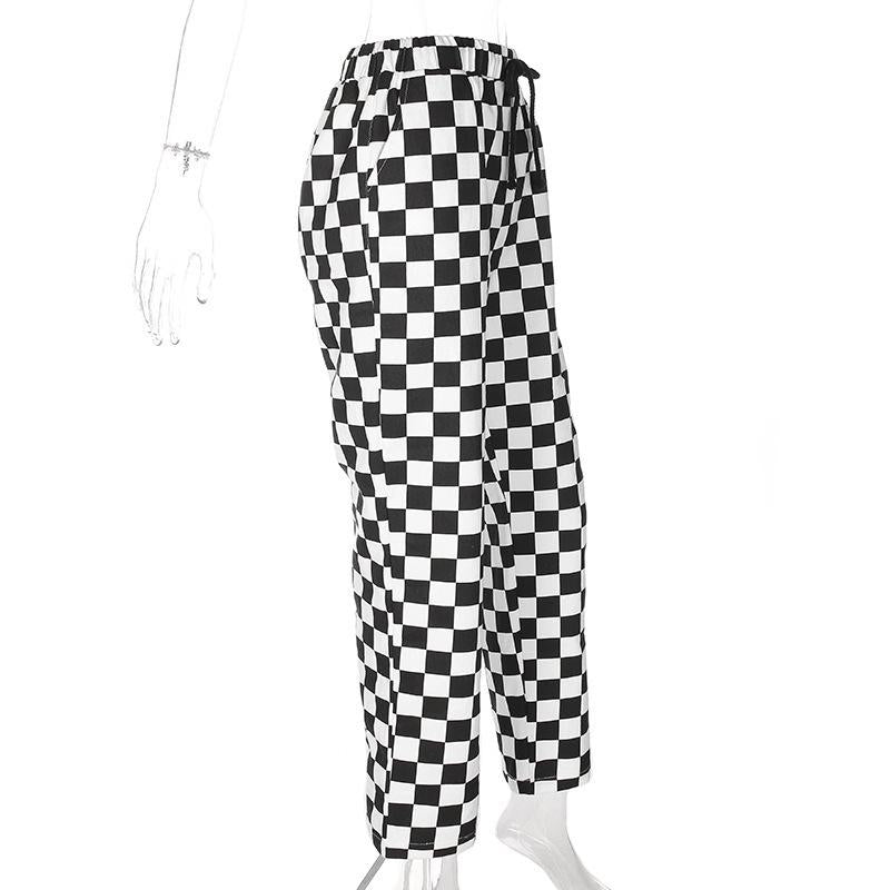 Womens Black And White Checkerboard Pattern Contrast Color Slimming Casual Pants Womens Wide-leg Pants Image 4