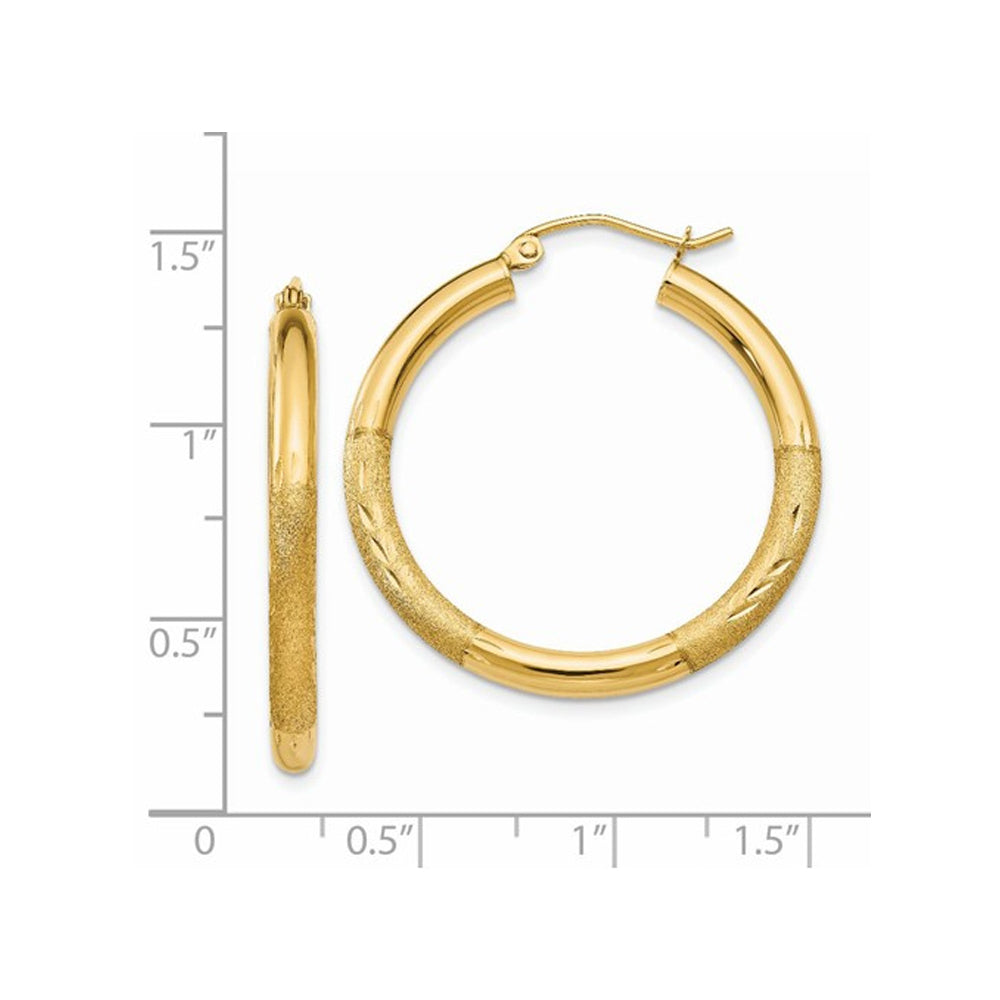 Medium Satin and Diamond Cut Hoop Earrings in 14K Yellow Gold 1 Inch (3.00 mm) Image 2