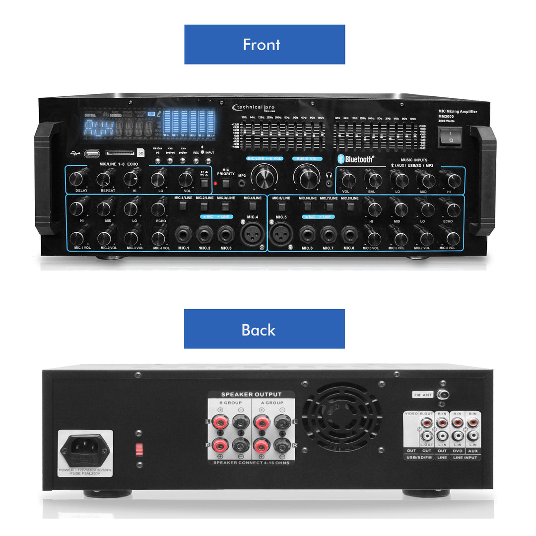 Technical Pro 3000W Mic Mixing Amplifier USB SD Card Bluetooth Dual Equalizer Image 2