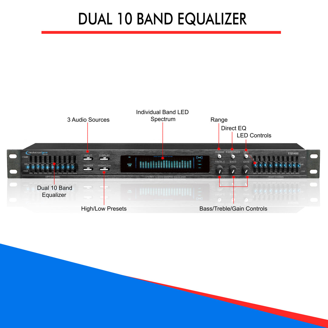 Technical Pro EQ5400 Dual 10 Band Equalizer with LED Indicators and RCA Inputs Image 4