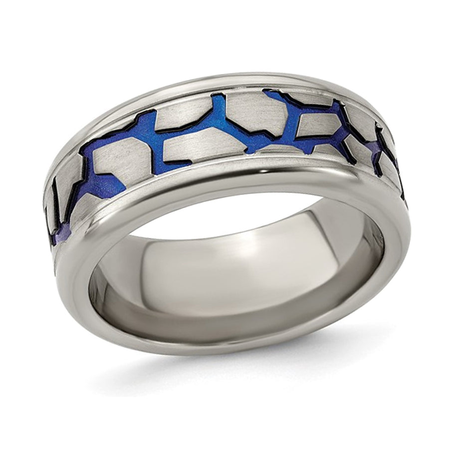 Mens Titanium Blue Adonized Double Grove 9m Band Ring Image 1