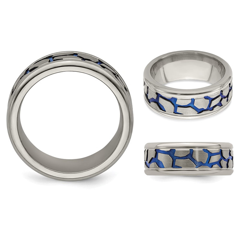 Mens Titanium Blue Adonized Double Grove 9m Band Ring Image 2