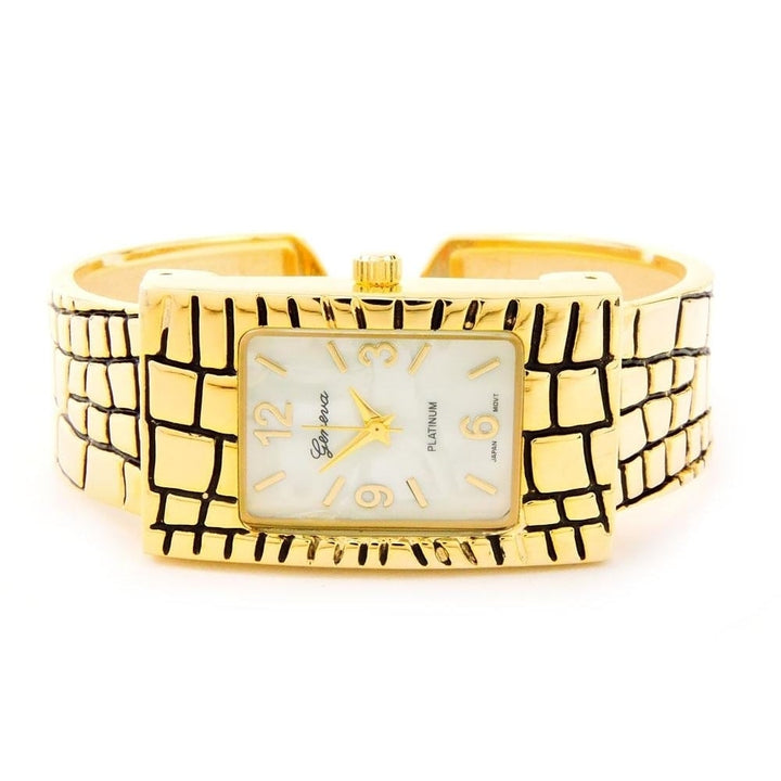 Gold Croc Style Band Rectangle Bangle Cuff Watch for Women Image 4