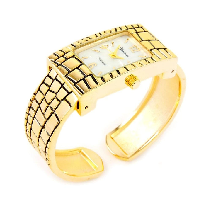 Gold Croc Style Band Rectangle Bangle Cuff Watch for Women Image 4