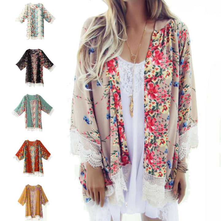 3/4 Sleeve Loose Printed Chiffon Cardigan Image 1