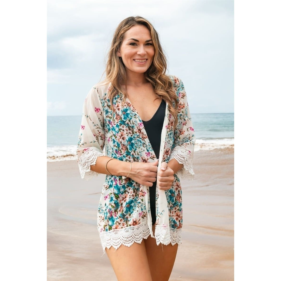 3/4 Sleeve Loose Printed Chiffon Cardigan Image 3