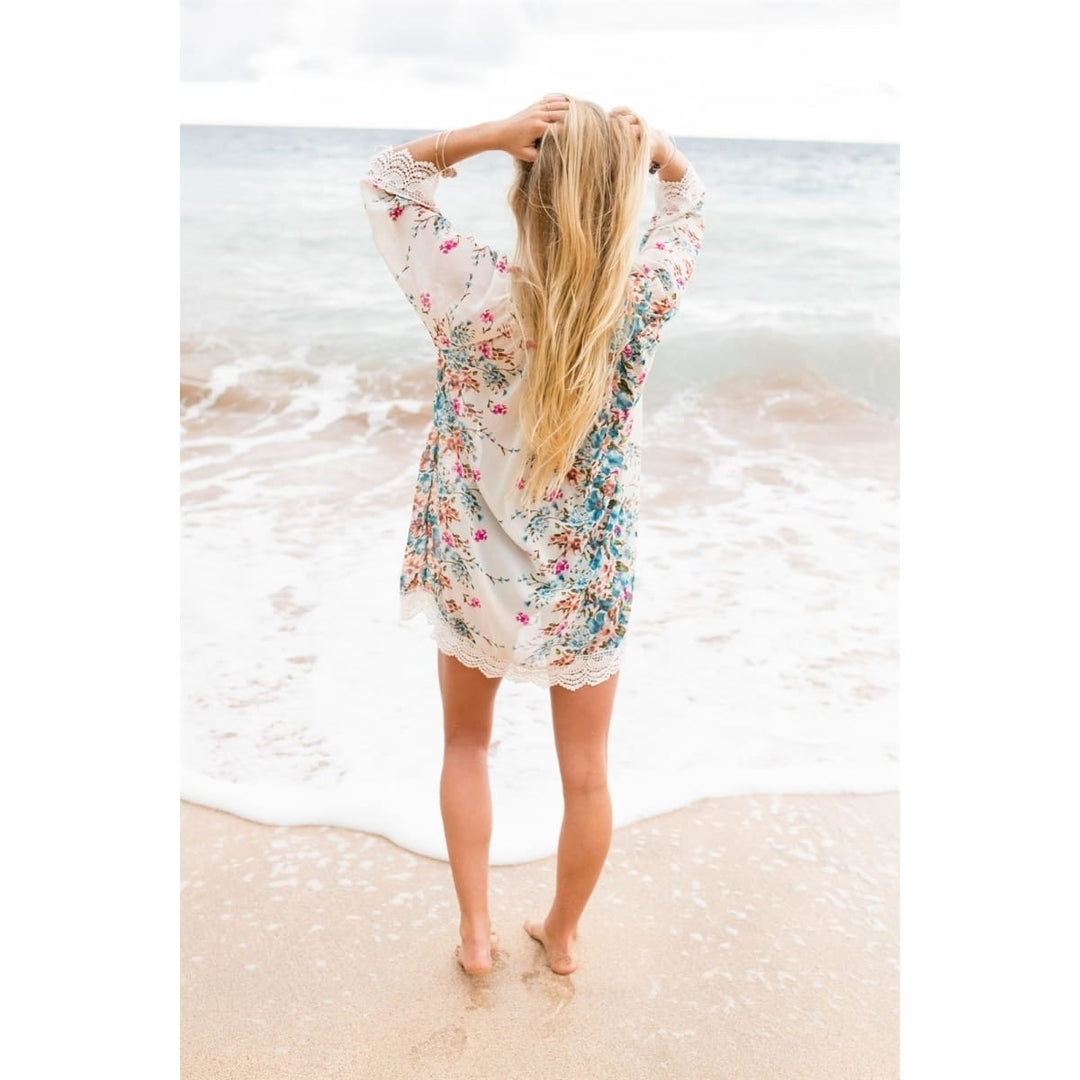 3/4 Sleeve Loose Printed Chiffon Cardigan Image 4