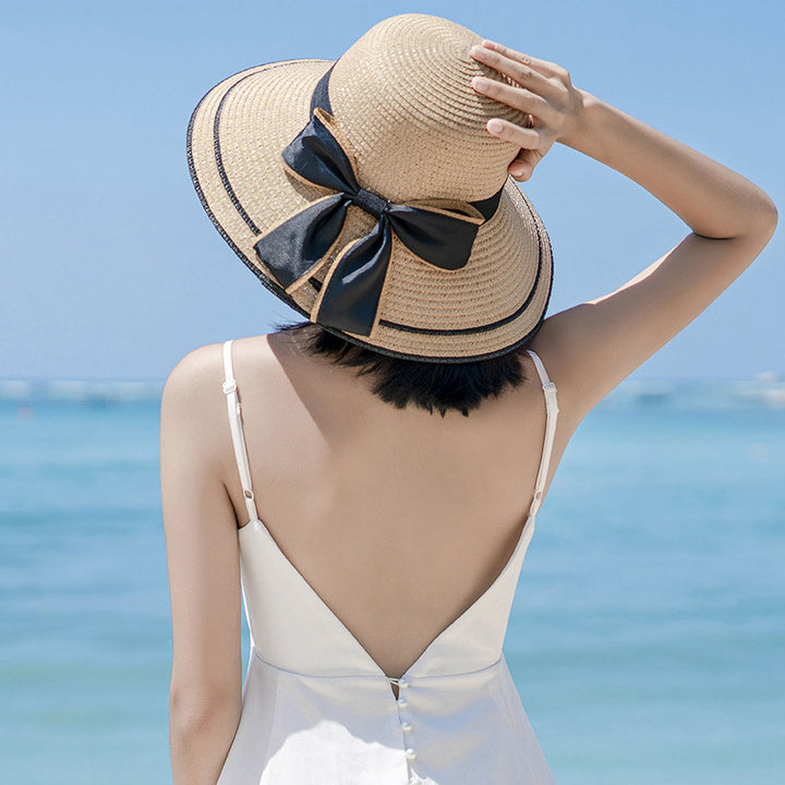 Ladies Striped Seaside Beach Straw Hat Image 1