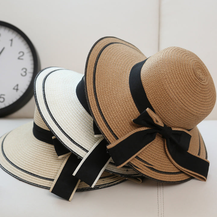 Ladies Striped Seaside Beach Straw Hat Image 2