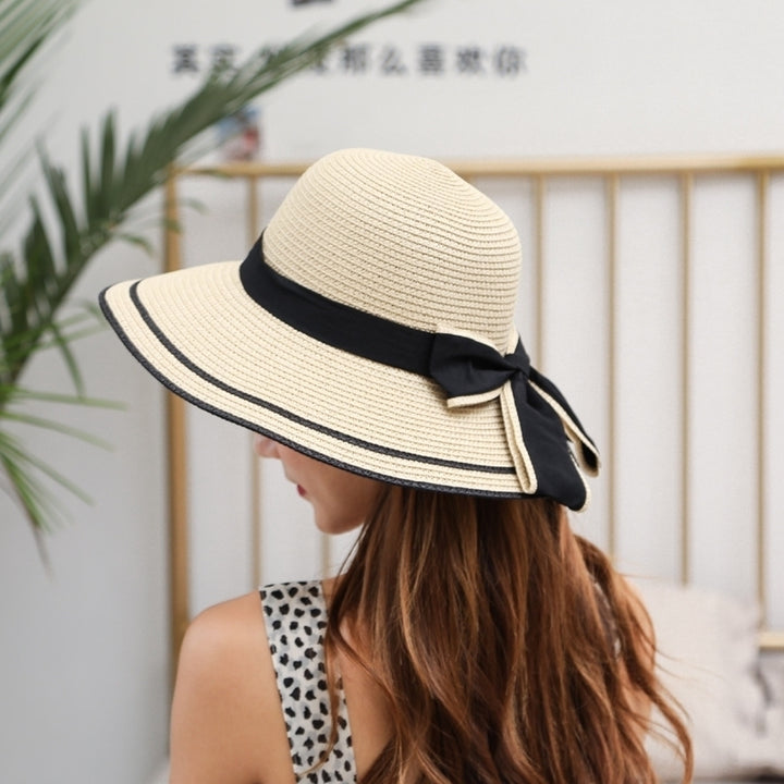 Ladies Striped Seaside Beach Straw Hat Image 3