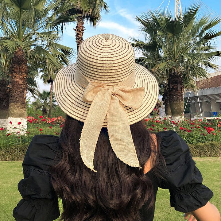 Ladies Striped Seaside Beach Straw Hat Image 1