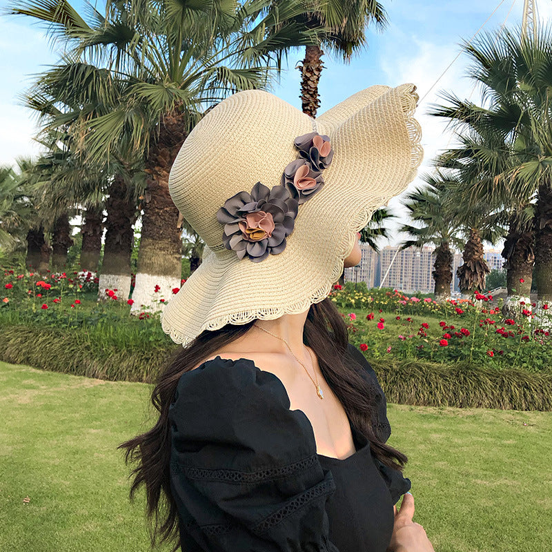 Breathable Straw Hat With Big Flower Sunshade Image 2