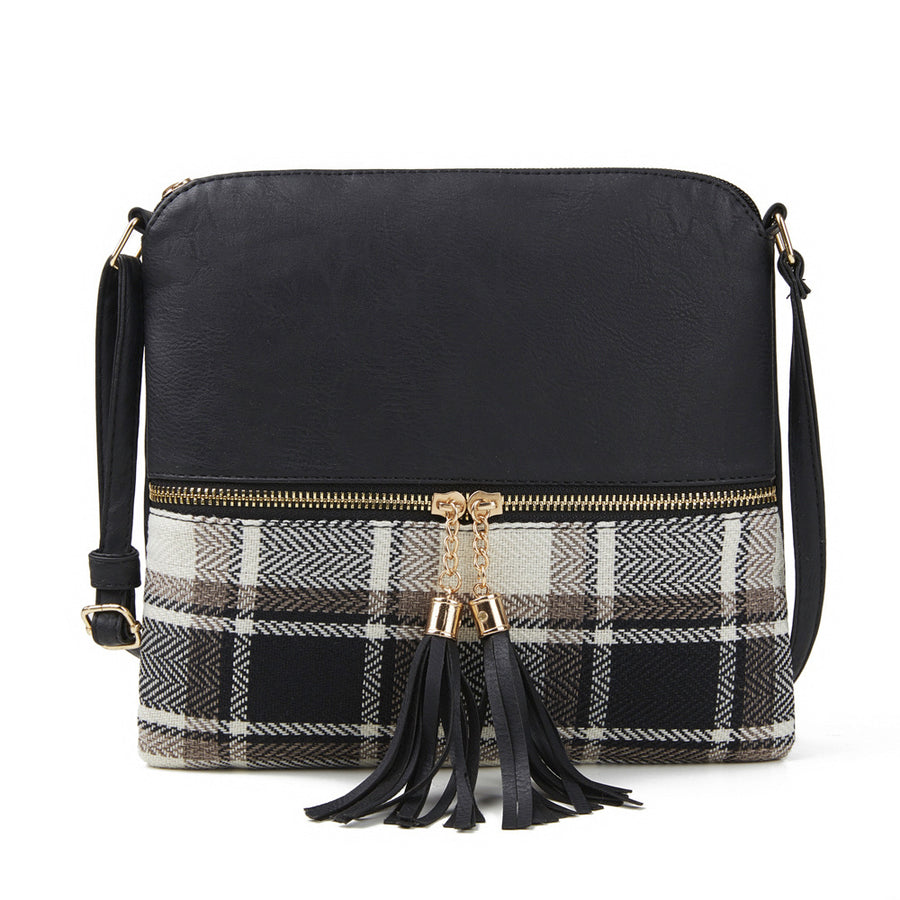 Womens Plaid Double Tassel Diagonal Shoulder Bag Image 1