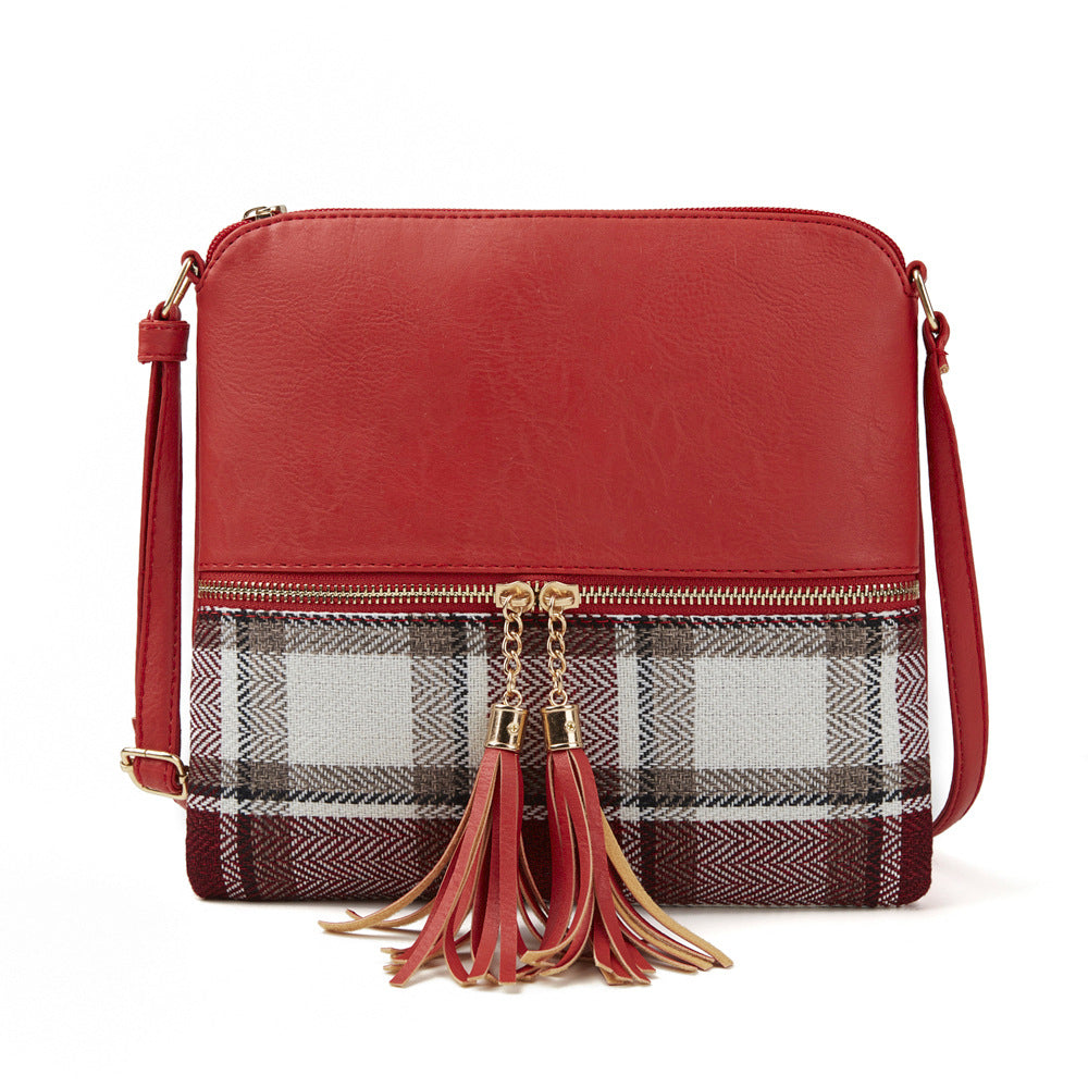 Womens Plaid Double Tassel Diagonal Shoulder Bag Image 2