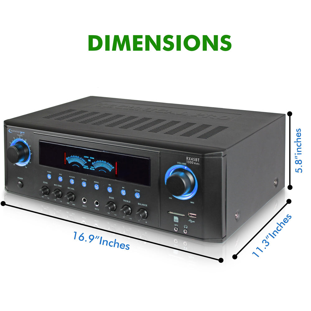 Technical Pro Professional 1000 Watts Receiver with USB SD Card Inputs2 Mic InputsRecorderand Wireless Remote Image 2
