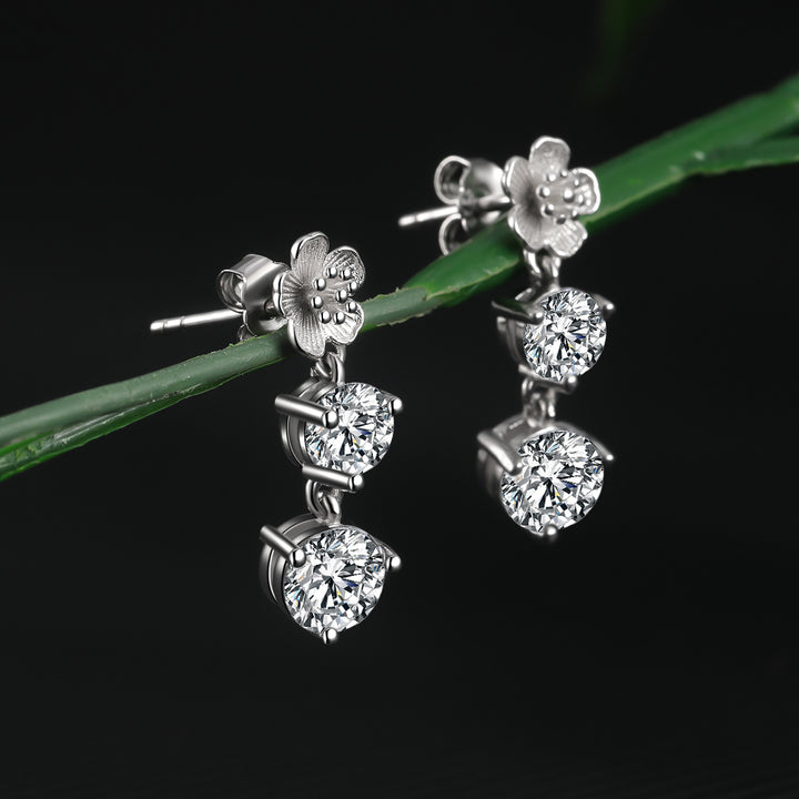 925 Sterling Silver Round Cut Cubic Zirconia Flower Dangle Stud Earring Image 3