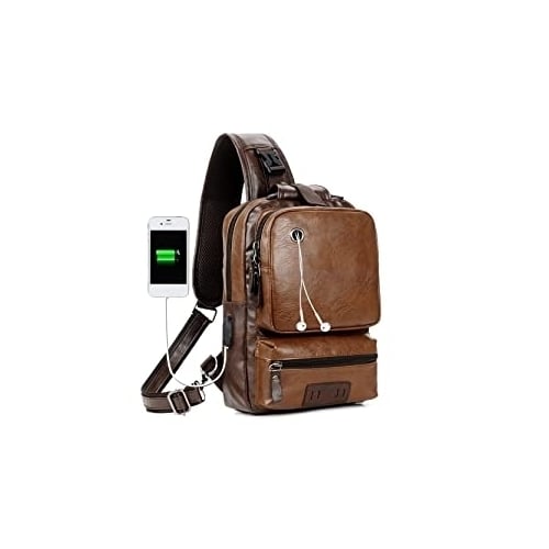 Mens Vintage PU Leather CrossBody Sling Bag Large Capacity Casual Backpack USB Charge Image 1