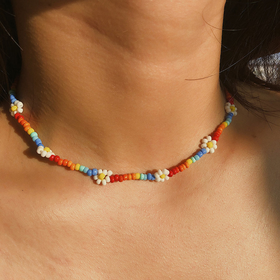 Daisy Flower Colorful Beaded Glass Choker Necklace Image 1