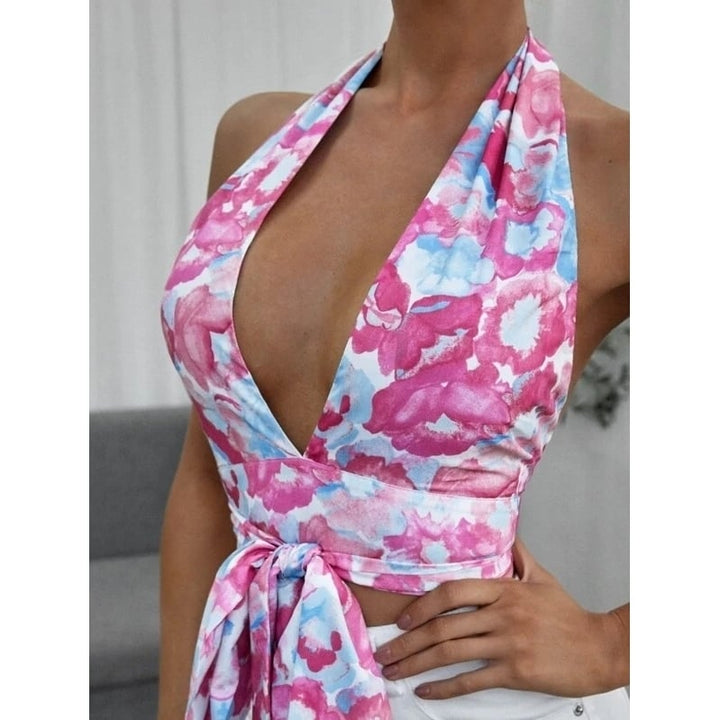 Plunging Neck Tie Backless Floral Halter Top Image 4