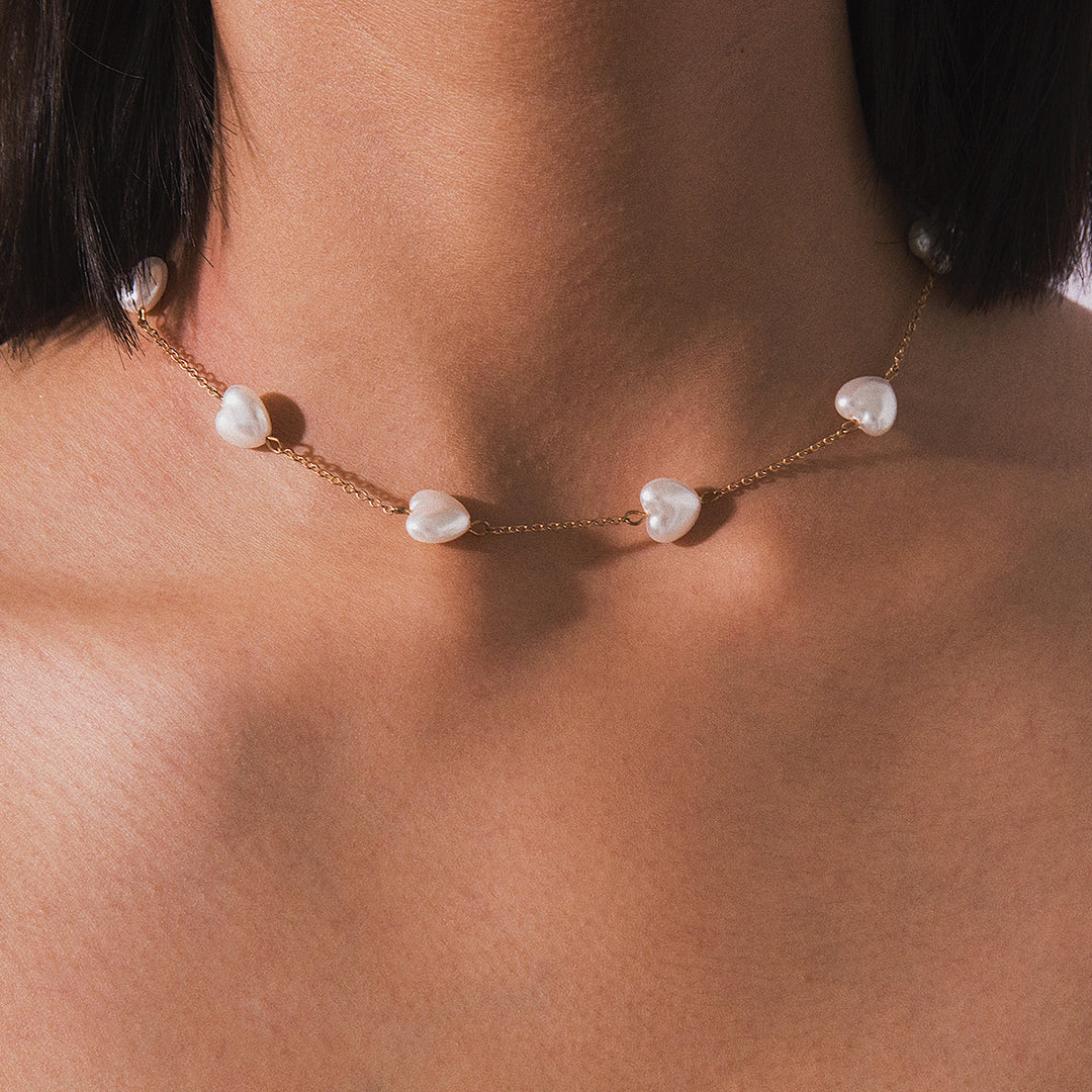 Bohemia Dainty Beaded Heart Shape Pearl Chain Choker Necklace Image 1