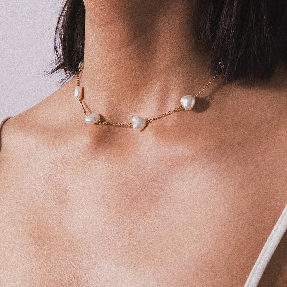 Bohemia Dainty Beaded Heart Shape Pearl Chain Choker Necklace Image 2