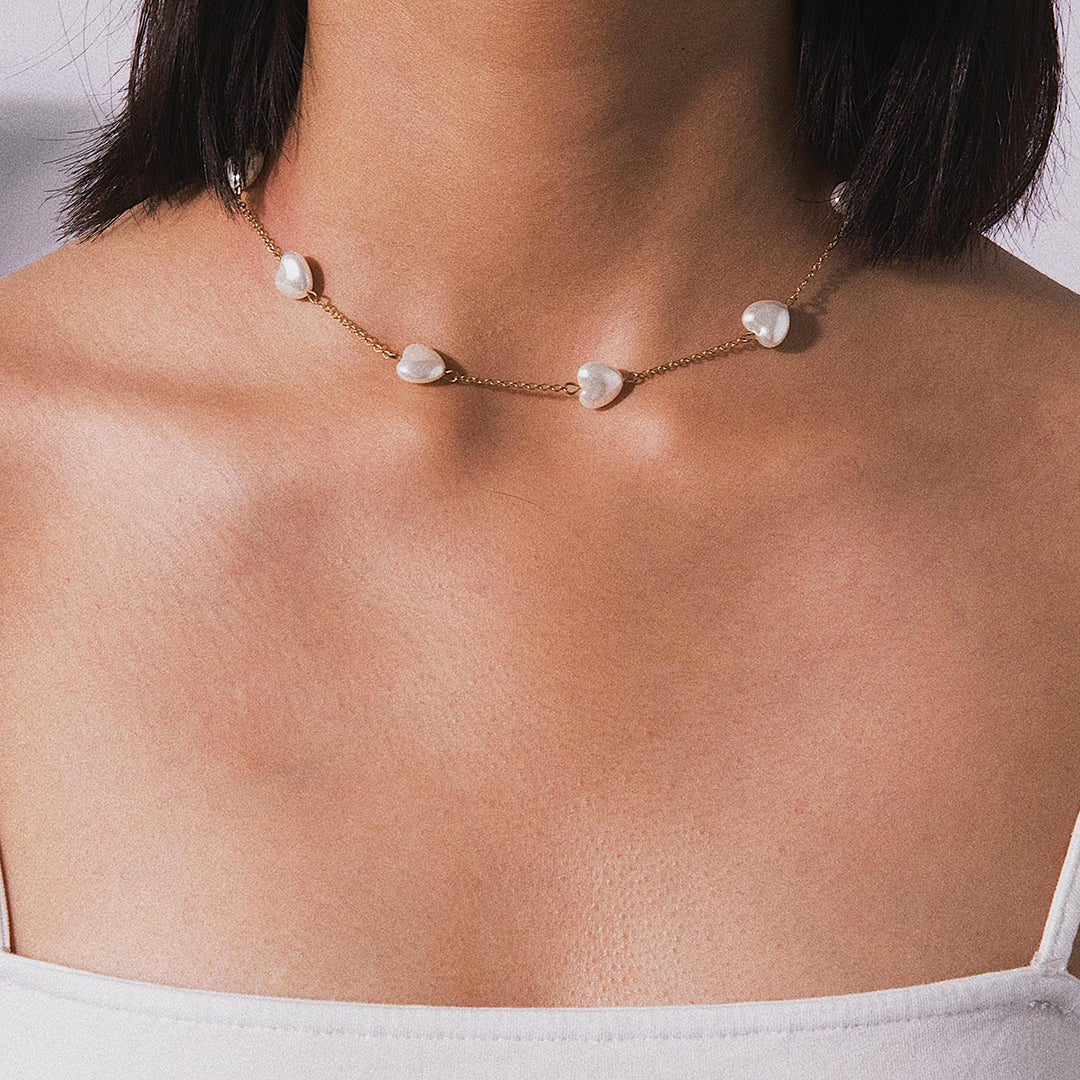 Bohemia Dainty Beaded Heart Shape Pearl Chain Choker Necklace Image 3