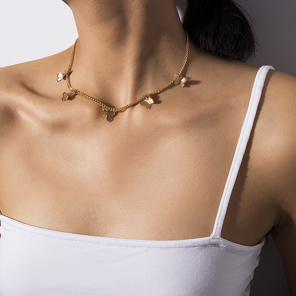 Minimalist Gold Silver Tone Butterfly Choker Necklace Image 2