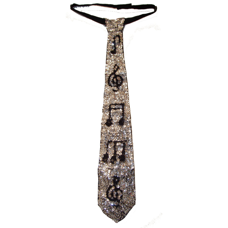 Sequin Neck Tie Silver w/Black Music Notes Adult Unisex Image 1