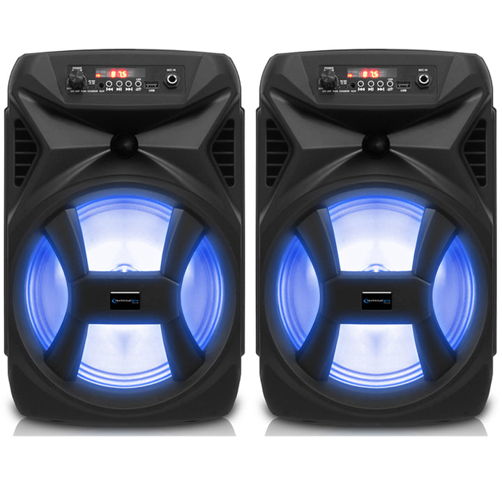 (Qty-2) Technical Pro 8 Inch Portable 500 Watts Bluetooth Festival PA LED Speaker w/ Woofer and TweeterUSB Card Image 1