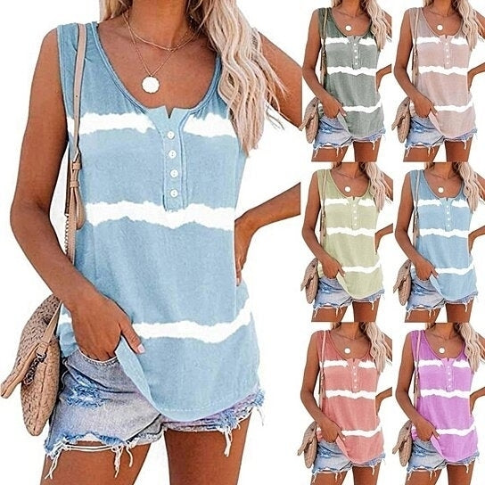 Deago Womens Tie-dye Sleeveless Tank Tops Summer Loose T Shirts Button Down Shirts Vest Blouse Image 1