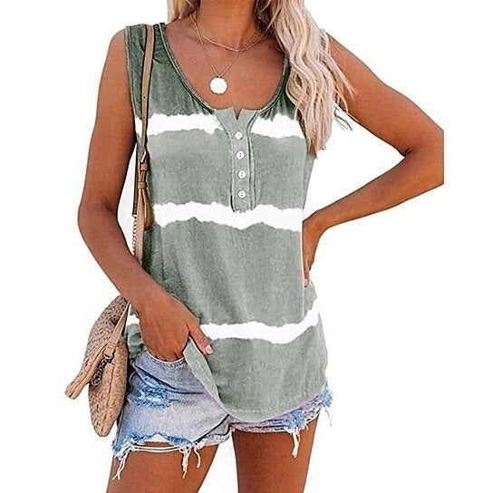 Deago Womens Tie-dye Sleeveless Tank Tops Summer Loose T Shirts Button Down Shirts Vest Blouse Image 4