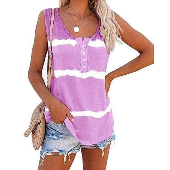Deago Womens Tie-dye Sleeveless Tank Tops Summer Loose T Shirts Button Down Shirts Vest Blouse Image 6