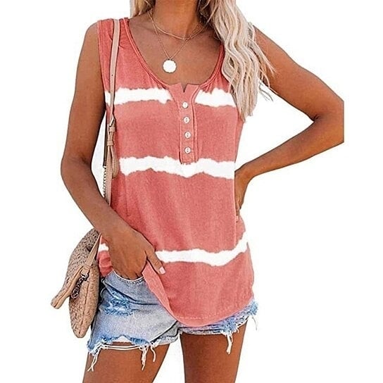 Deago Womens Tie-dye Sleeveless Tank Tops Summer Loose T Shirts Button Down Shirts Vest Blouse Image 1