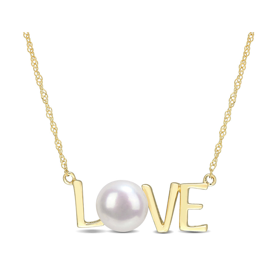 7-7.5MM Freshwater Cultured Pearl LOVE Pendant Necklace in10K Yellow Gold with Chain Image 1