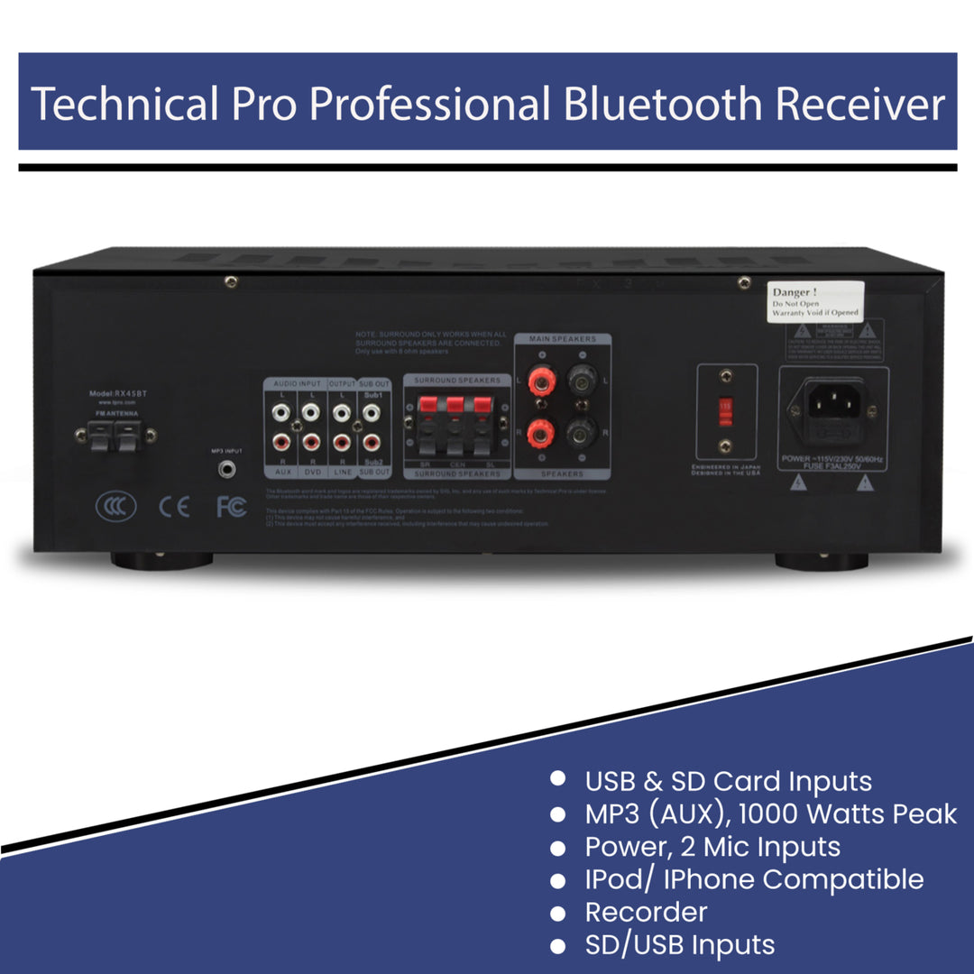 Technical Pro 1000 Watts Professional Bluetooth Receiver with USB and SD Card Inputs2 Mic InputsSD/USB Image 4