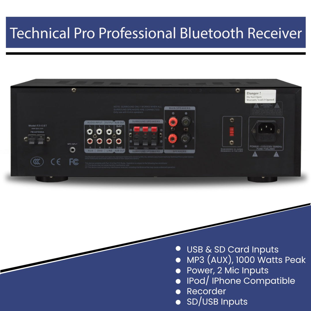 Technical Pro 1000W Bluetooth Receiver USB SD Card Dual Mic Inputs Remote Image 4