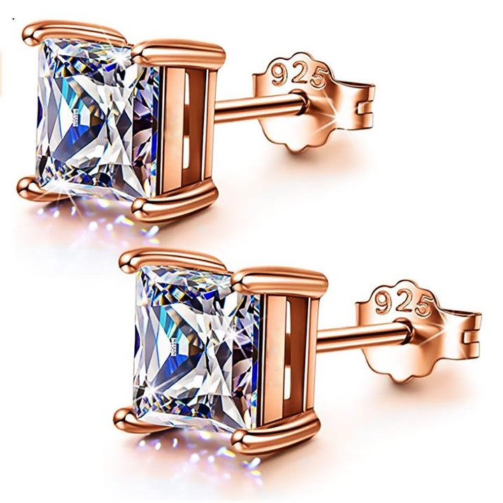 6.2carat / Pair .925 Sterling Silver 4-prong Square Cubic Zirconia Diamond Stud Earring Image 1