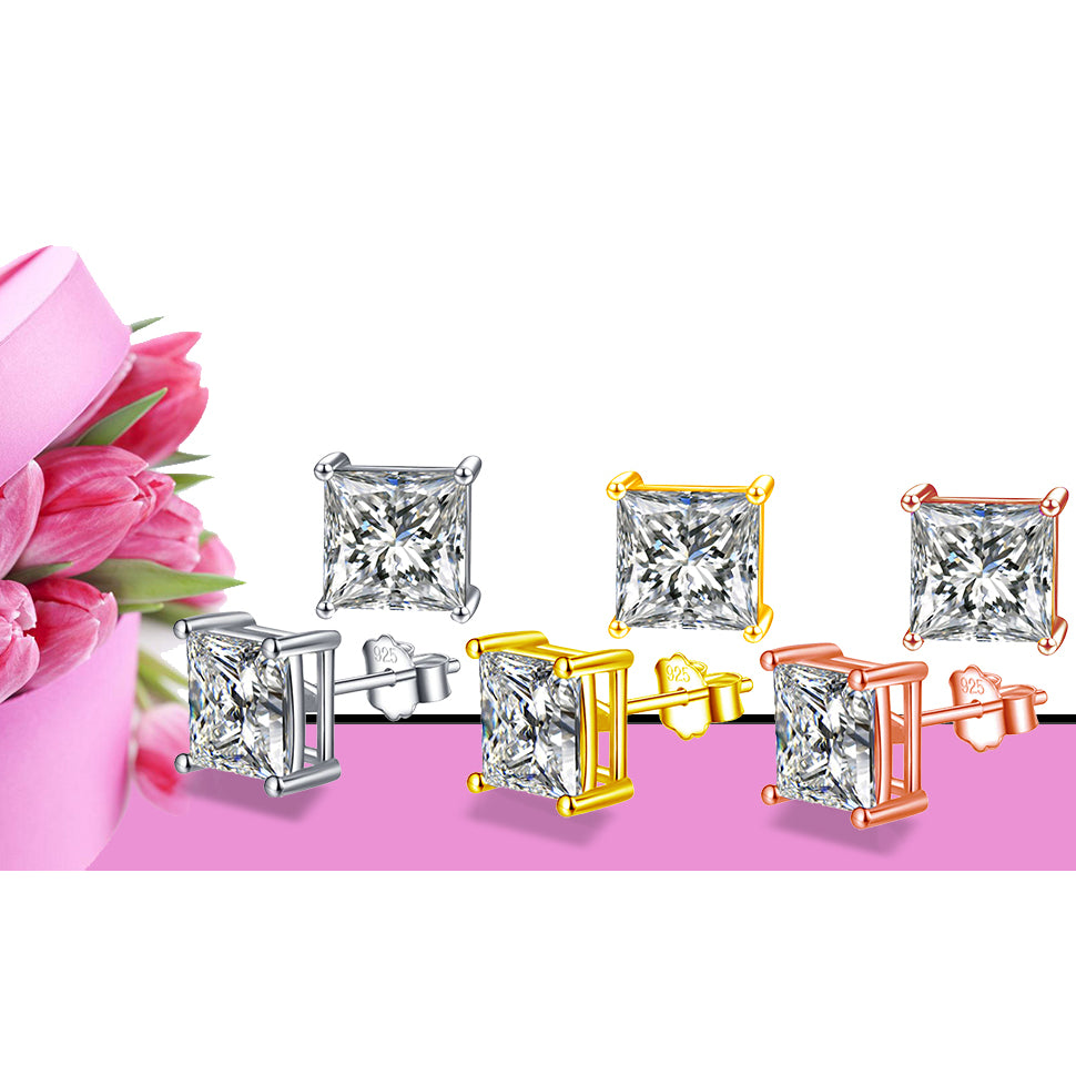 6.2carat / Pair .925 Sterling Silver 4-prong Square Cubic Zirconia Diamond Stud Earring Image 6