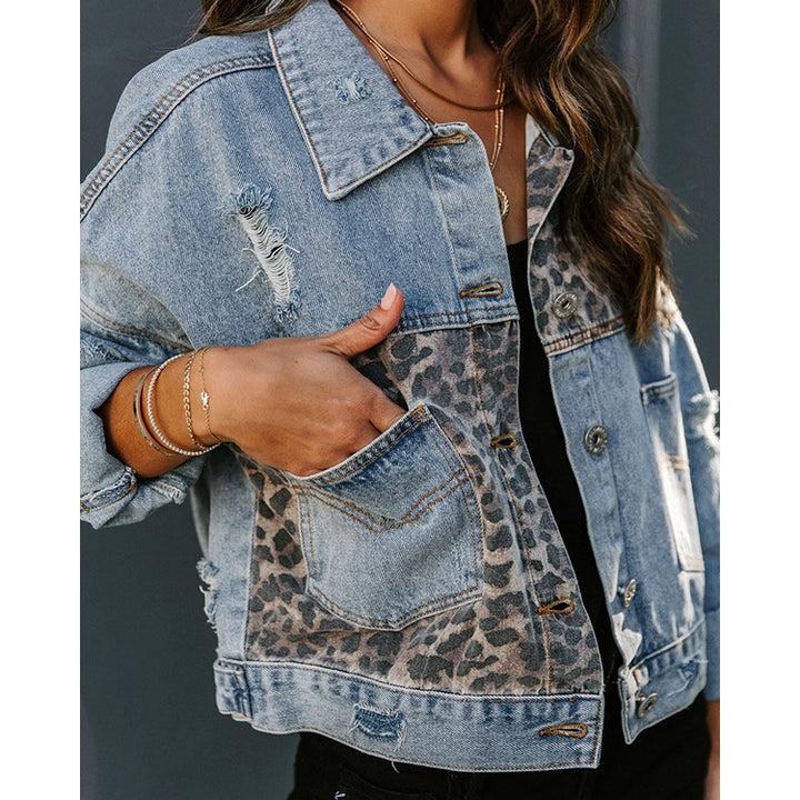 Cross-border Ladies Denim Leopard Stitching Long-sleeved Jacket Image 4