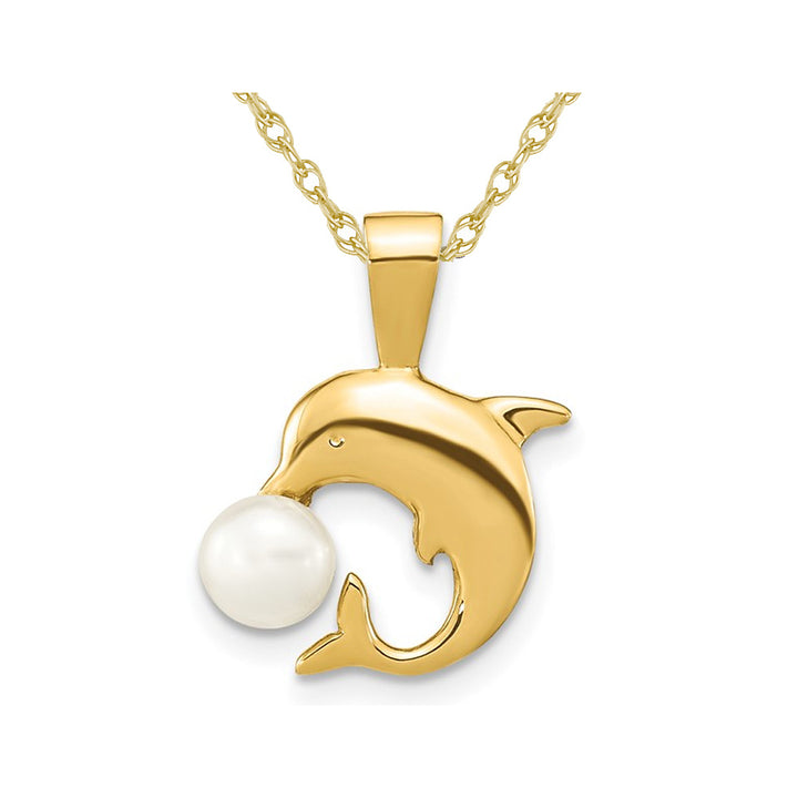 5-6mm Freshwater Cultured Button Pearl Dolphin Charm Pendant Necklace in 14K Yellow Gold with Chain Image 1