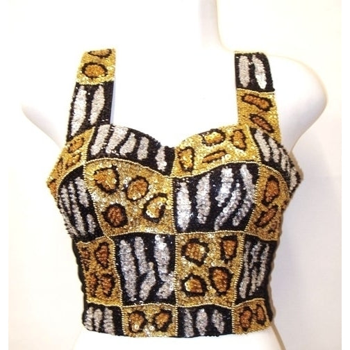 Sequin Corset Style Bustier Top Tiger Leopard Animal Print Image 1
