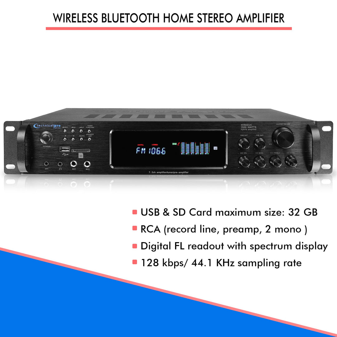 Technical Pro 1500W Bluetooth Home Stereo Hybrid Amplifier USB SD AM FM Tuner Image 4