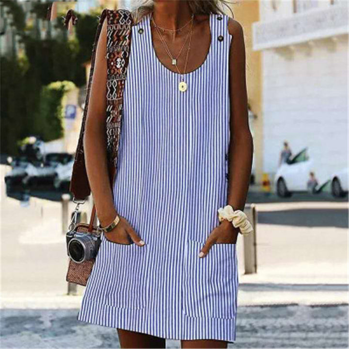 Crew Neck Women Dresses Shift Daily Boho Pockets Striped Dresses Image 3