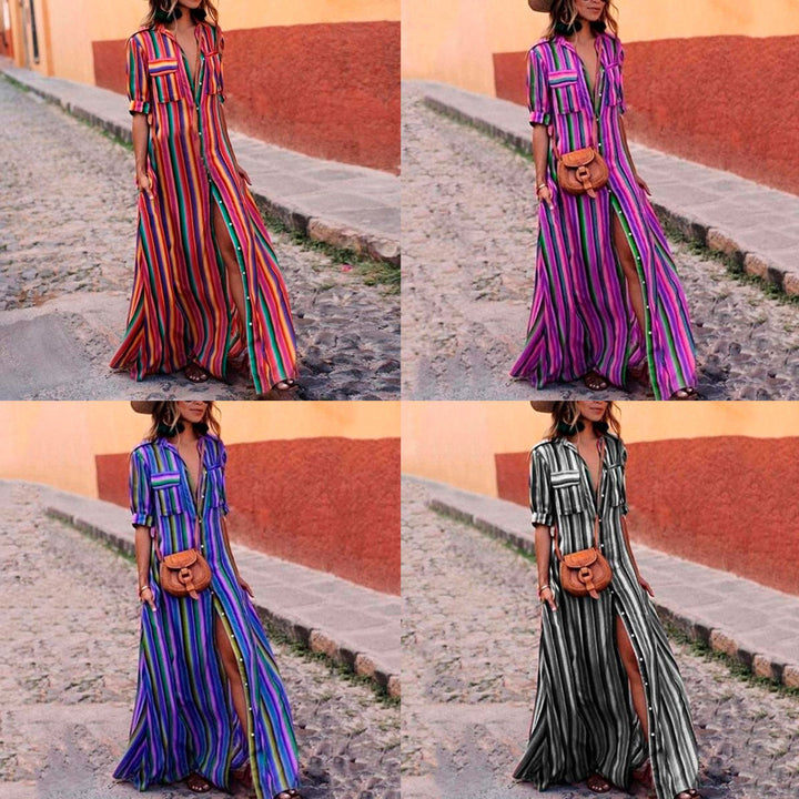 Striped Maxi Boho Shirt DressMultiple ColorsS-3X Image 1