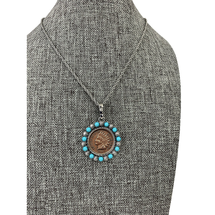 Indian Head Penny Coin Pendant with Real Turquoise Beads Image 1